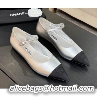 Most Popular Chanel Lambskin & Grosgrain Pointed Mary Janes Ballet Flats Silver 2025 G46849 103039