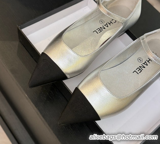 Most Popular Chanel Lambskin & Grosgrain Pointed Mary Janes Ballet Flats Silver 2025 G46849 103039