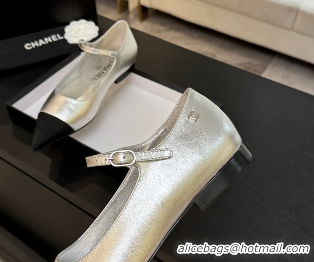 Most Popular Chanel Lambskin & Grosgrain Pointed Mary Janes Ballet Flats Silver 2025 G46849 103039