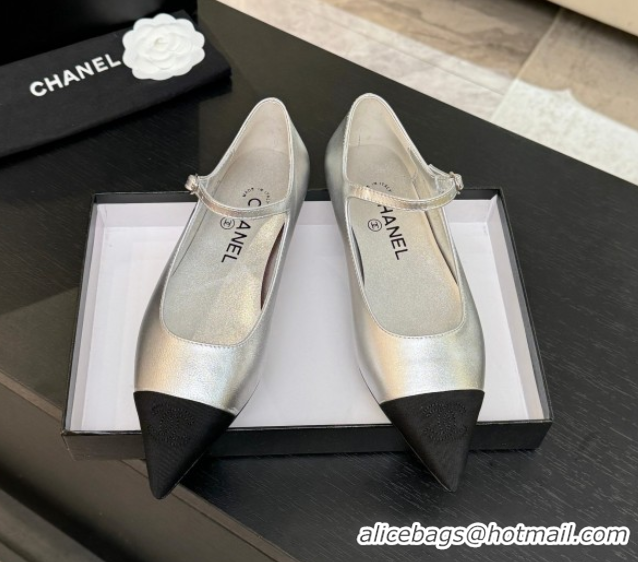 Most Popular Chanel Lambskin & Grosgrain Pointed Mary Janes Ballet Flats Silver 2025 G46849 103039