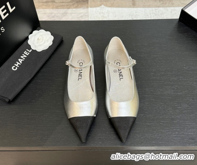 Most Popular Chanel Lambskin & Grosgrain Pointed Mary Janes Ballet Flats Silver 2025 G46849 103039