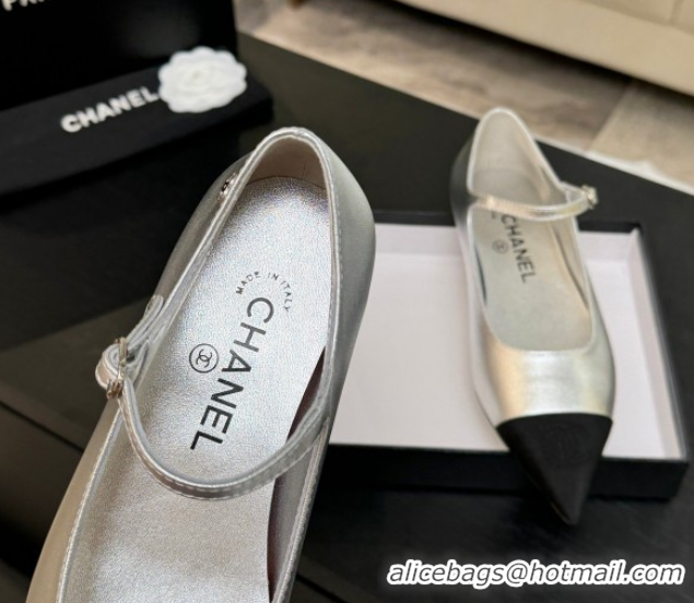 Most Popular Chanel Lambskin & Grosgrain Pointed Mary Janes Ballet Flats Silver 2025 G46849 103039