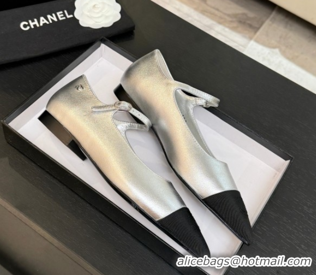 Most Popular Chanel Lambskin & Grosgrain Pointed Mary Janes Ballet Flats Silver 2025 G46849 103039