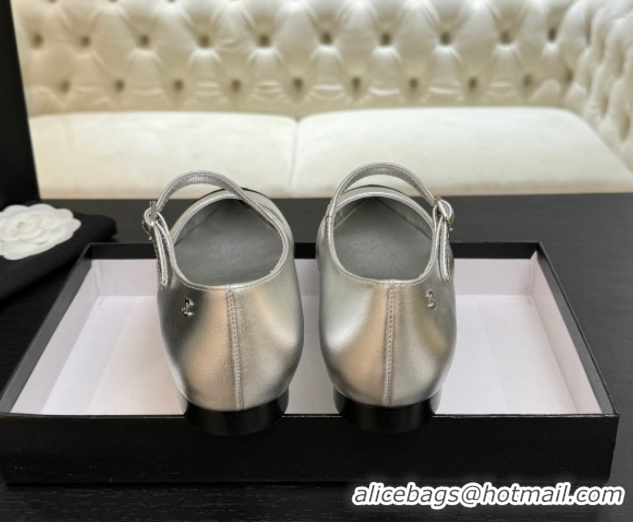 Most Popular Chanel Lambskin & Grosgrain Pointed Mary Janes Ballet Flats Silver 2025 G46849 103039