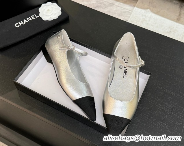 Most Popular Chanel Lambskin & Grosgrain Pointed Mary Janes Ballet Flats Silver 2025 G46849 103039