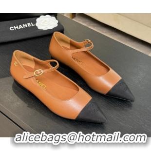 Top Grade Chanel Lambskin & Grosgrain Pointed Mary Janes Ballet Flats Brown 2025 G46849 1103040