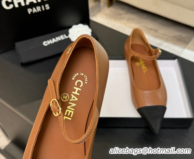 Top Grade Chanel Lambskin & Grosgrain Pointed Mary Janes Ballet Flats Brown 2025 G46849 1103040