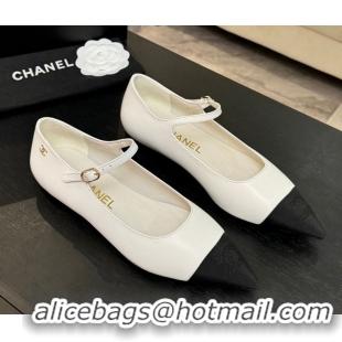 Good Looking Chanel Lambskin & Grosgrain Pointed Mary Janes Ballet Flats White 2025 G46849 1103041