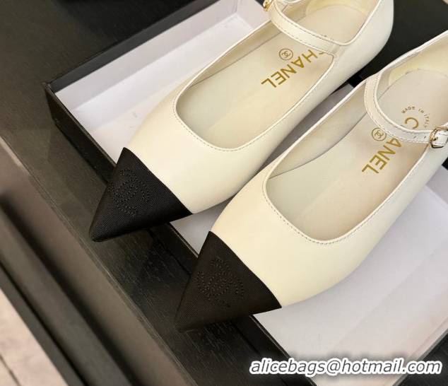 Good Looking Chanel Lambskin & Grosgrain Pointed Mary Janes Ballet Flats White 2025 G46849 1103041