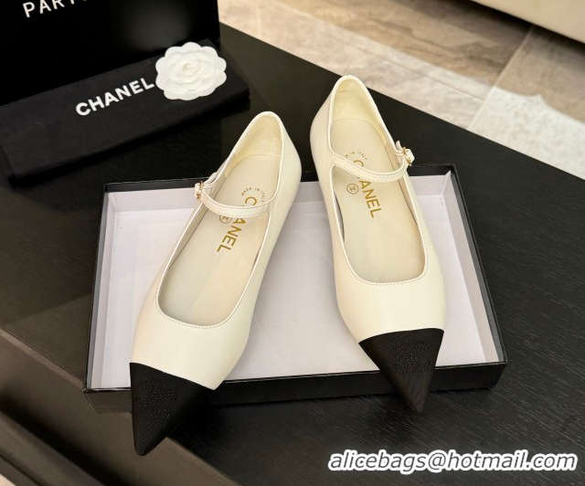 Good Looking Chanel Lambskin & Grosgrain Pointed Mary Janes Ballet Flats White 2025 G46849 1103041