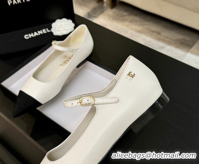 Good Looking Chanel Lambskin & Grosgrain Pointed Mary Janes Ballet Flats White 2025 G46849 1103041