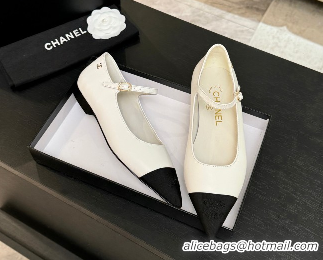 Good Looking Chanel Lambskin & Grosgrain Pointed Mary Janes Ballet Flats White 2025 G46849 1103041