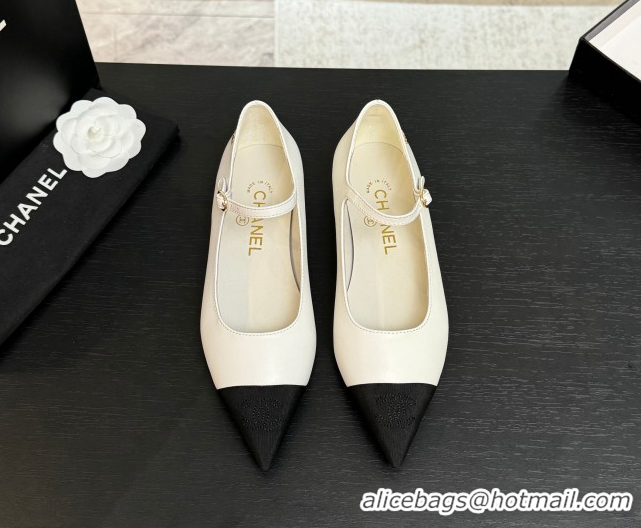 Good Looking Chanel Lambskin & Grosgrain Pointed Mary Janes Ballet Flats White 2025 G46849 1103041