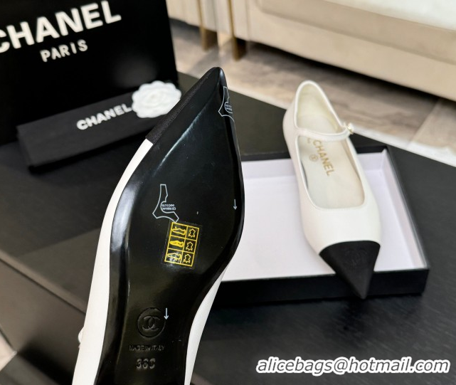 Good Looking Chanel Lambskin & Grosgrain Pointed Mary Janes Ballet Flats White 2025 G46849 1103041