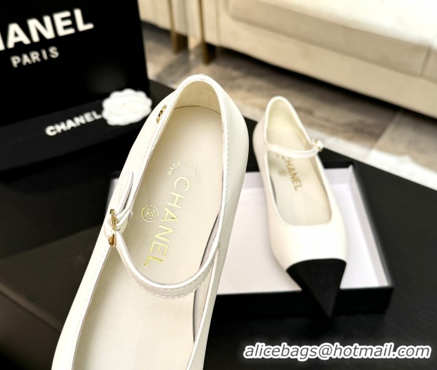 Good Looking Chanel Lambskin & Grosgrain Pointed Mary Janes Ballet Flats White 2025 G46849 1103041