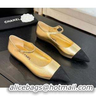 Durable Chanel Lambskin & Grosgrain Pointed Mary Janes Ballet Flats Gold 2025 G46849 1103042