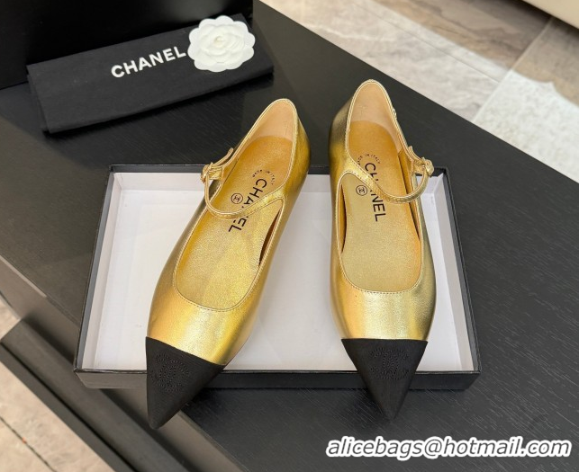 Durable Chanel Lambskin & Grosgrain Pointed Mary Janes Ballet Flats Gold 2025 G46849 1103042
