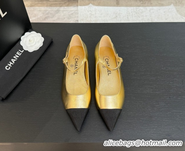Durable Chanel Lambskin & Grosgrain Pointed Mary Janes Ballet Flats Gold 2025 G46849 1103042