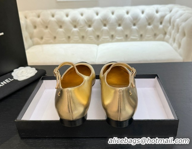 Durable Chanel Lambskin & Grosgrain Pointed Mary Janes Ballet Flats Gold 2025 G46849 1103042
