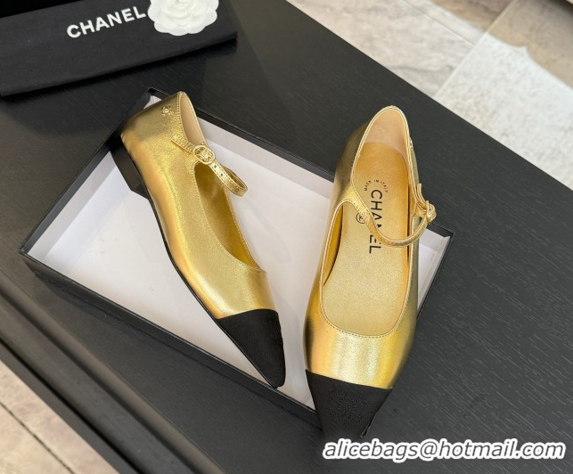 Durable Chanel Lambskin & Grosgrain Pointed Mary Janes Ballet Flats Gold 2025 G46849 1103042