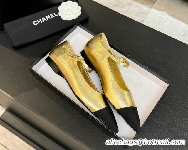 Durable Chanel Lambskin & Grosgrain Pointed Mary Janes Ballet Flats Gold 2025 G46849 1103042