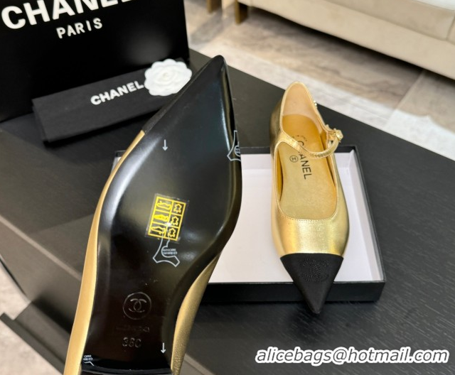 Durable Chanel Lambskin & Grosgrain Pointed Mary Janes Ballet Flats Gold 2025 G46849 1103042