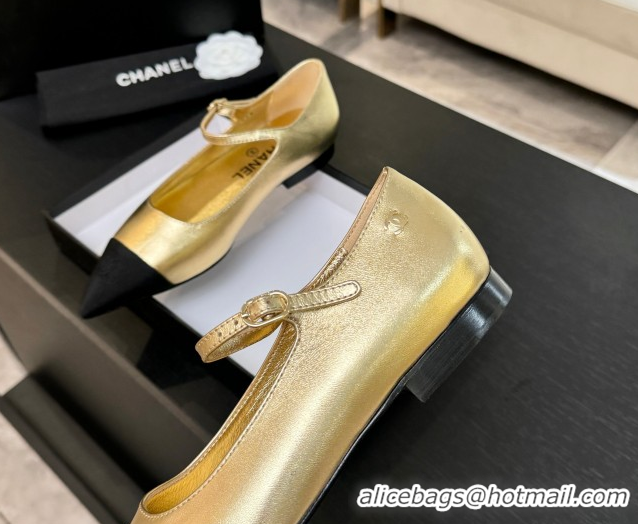 Durable Chanel Lambskin & Grosgrain Pointed Mary Janes Ballet Flats Gold 2025 G46849 1103042
