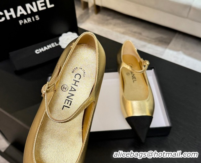 Durable Chanel Lambskin & Grosgrain Pointed Mary Janes Ballet Flats Gold 2025 G46849 1103042