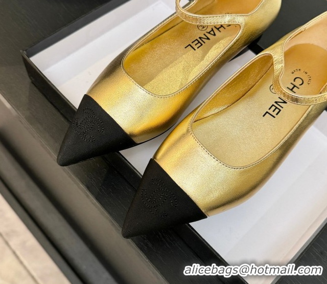 Durable Chanel Lambskin & Grosgrain Pointed Mary Janes Ballet Flats Gold 2025 G46849 1103042