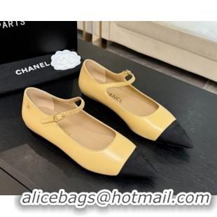 Lowest Cost Chanel Lambskin & Grosgrain Pointed Mary Janes Ballet Flats Beige Yellow 2025 G46849 1103043