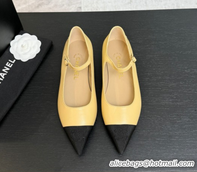 Lowest Cost Chanel Lambskin & Grosgrain Pointed Mary Janes Ballet Flats Beige Yellow 2025 G46849 1103043