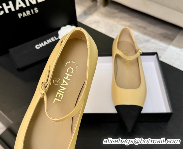 Lowest Cost Chanel Lambskin & Grosgrain Pointed Mary Janes Ballet Flats Beige Yellow 2025 G46849 1103043