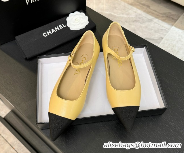 Lowest Cost Chanel Lambskin & Grosgrain Pointed Mary Janes Ballet Flats Beige Yellow 2025 G46849 1103043