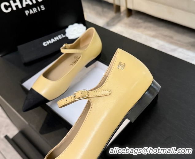 Lowest Cost Chanel Lambskin & Grosgrain Pointed Mary Janes Ballet Flats Beige Yellow 2025 G46849 1103043