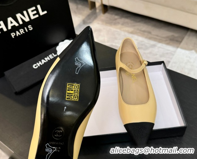Lowest Cost Chanel Lambskin & Grosgrain Pointed Mary Janes Ballet Flats Beige Yellow 2025 G46849 1103043