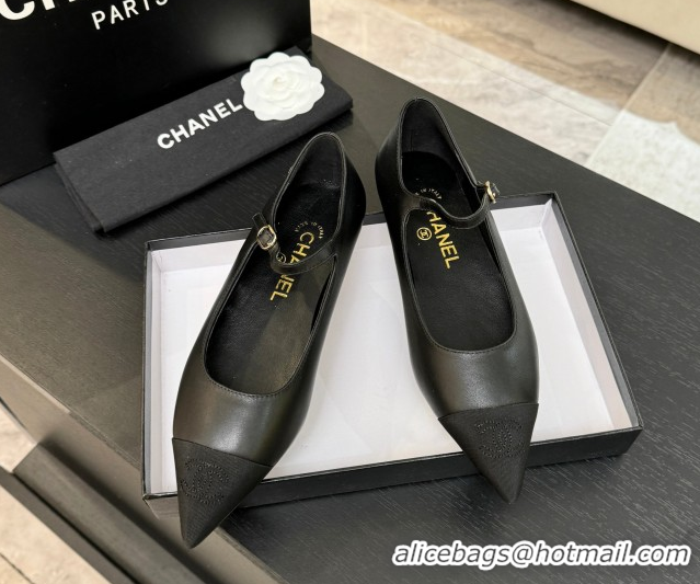 Unique Style Chanel Lambskin & Grosgrain Pointed Mary Janes Ballet Flats Black G46849 1103044
