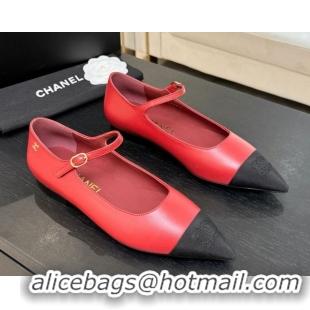 Luxury Chanel Lambskin & Grosgrain Pointed Mary Janes Ballet Flats Red 2025 G46849 1103045