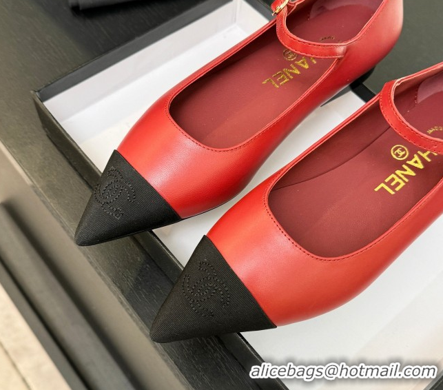 Luxury Chanel Lambskin & Grosgrain Pointed Mary Janes Ballet Flats Red 2025 G46849 1103045