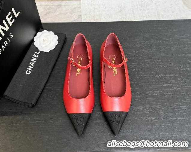 Luxury Chanel Lambskin & Grosgrain Pointed Mary Janes Ballet Flats Red 2025 G46849 1103045