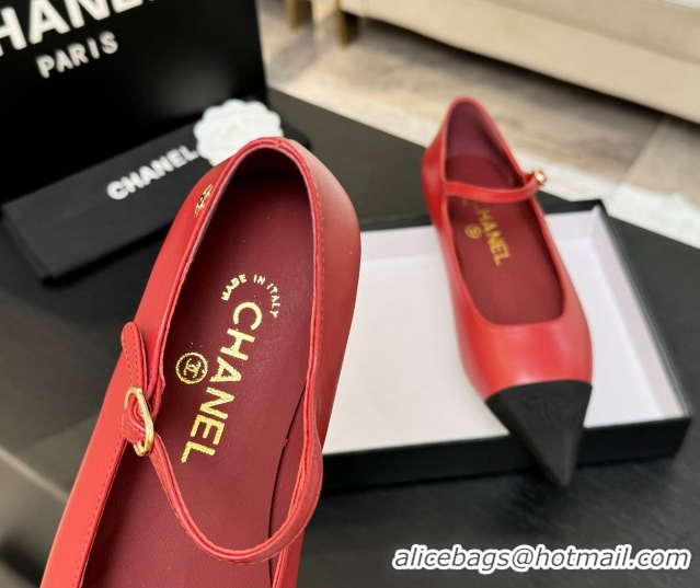 Luxury Chanel Lambskin & Grosgrain Pointed Mary Janes Ballet Flats Red 2025 G46849 1103045