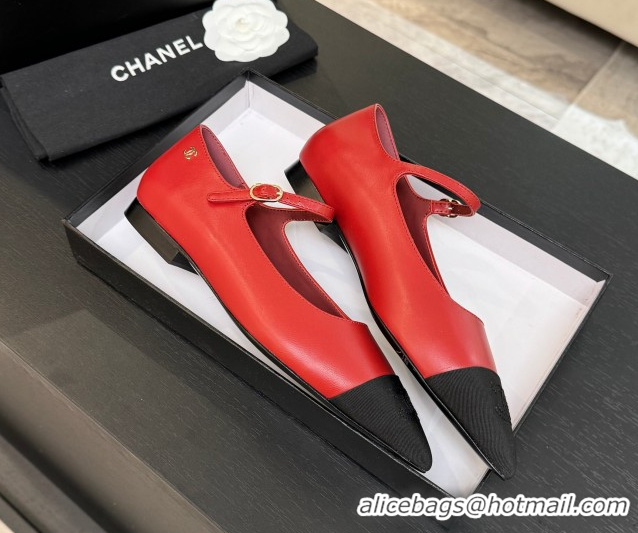 Luxury Chanel Lambskin & Grosgrain Pointed Mary Janes Ballet Flats Red 2025 G46849 1103045