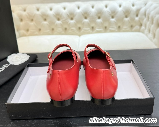 Luxury Chanel Lambskin & Grosgrain Pointed Mary Janes Ballet Flats Red 2025 G46849 1103045