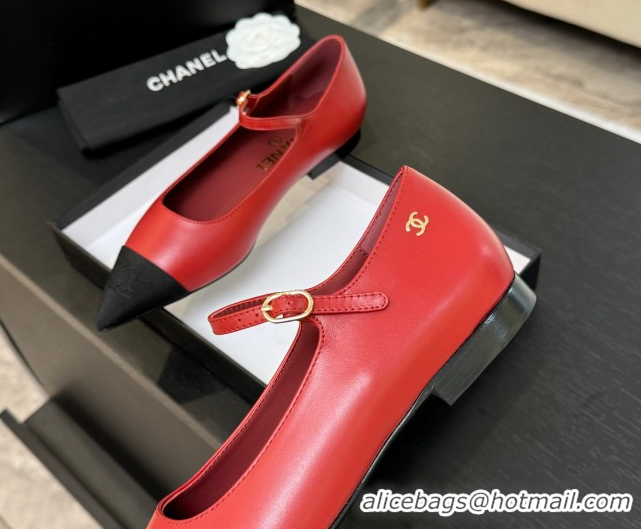 Luxury Chanel Lambskin & Grosgrain Pointed Mary Janes Ballet Flats Red 2025 G46849 1103045