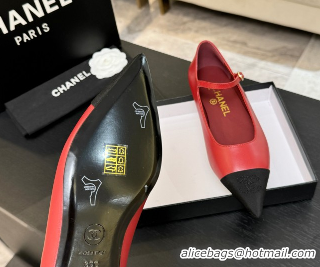 Luxury Chanel Lambskin & Grosgrain Pointed Mary Janes Ballet Flats Red 2025 G46849 1103045