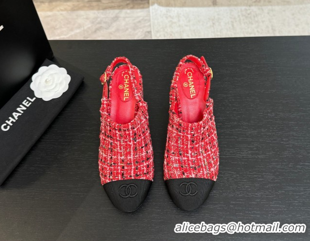 Best Price Chanel Cotton Tweed & Grosgrain Slingbacks Pump 6.5cm Red2 G46865 1103046