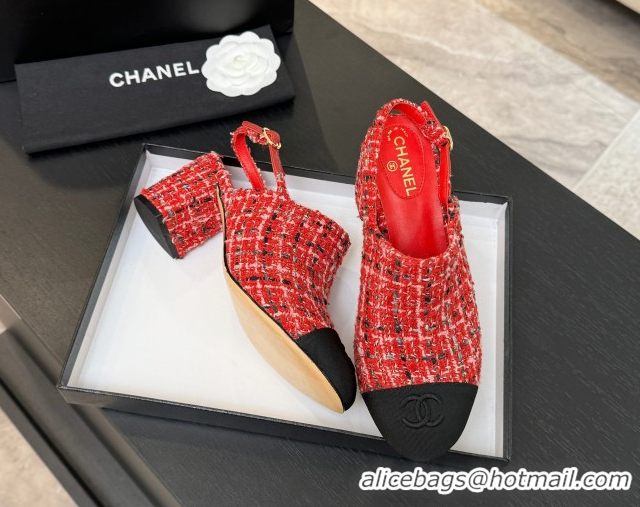 Best Price Chanel Cotton Tweed & Grosgrain Slingbacks Pump 6.5cm Red2 G46865 1103046