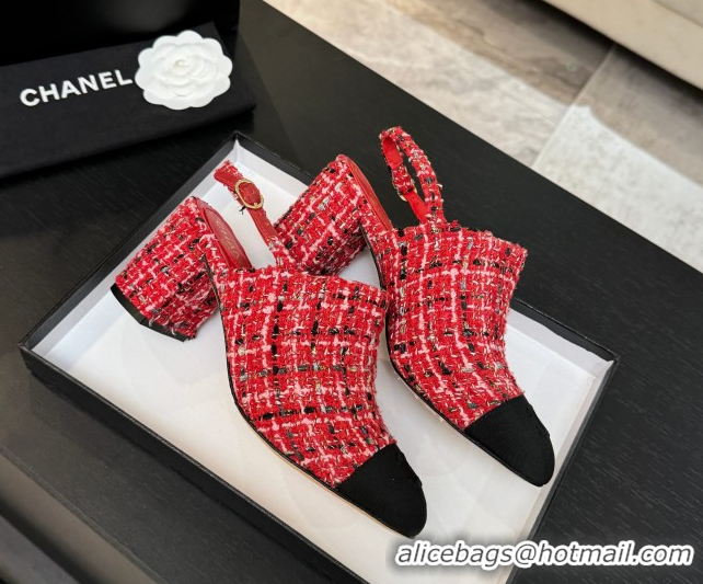 Best Price Chanel Cotton Tweed & Grosgrain Slingbacks Pump 6.5cm Red2 G46865 1103046