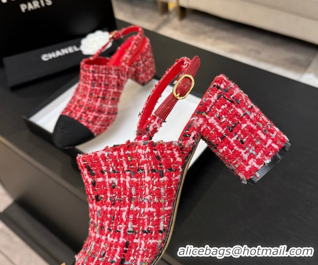 Best Price Chanel Cotton Tweed & Grosgrain Slingbacks Pump 6.5cm Red2 G46865 1103046