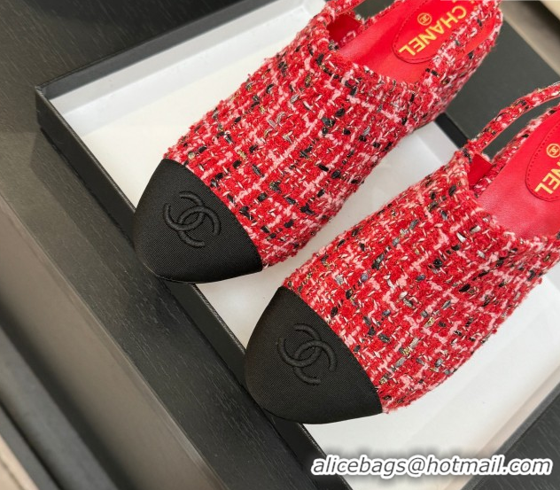 Best Price Chanel Cotton Tweed & Grosgrain Slingbacks Pump 6.5cm Red2 G46865 1103046