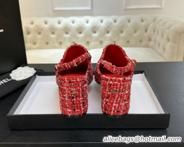 Best Price Chanel Cotton Tweed & Grosgrain Slingbacks Pump 6.5cm Red2 G46865 1103046